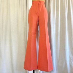 Vintage 70s Peachy Coral Knit High Waist Extra Wide Bell Bottom Flare Pants